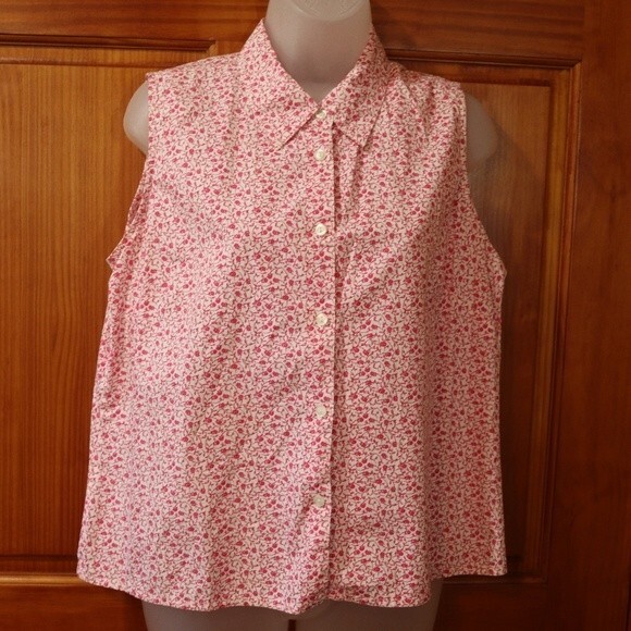Sonoma Red Micro Ditsy Floral Button Down Sleeveless Top Blouse Women’s LG - Picture 2 of 8